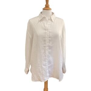 Zara White Linen Oversized Long Sleeve Button Down Shirt / Tunic, Size Large